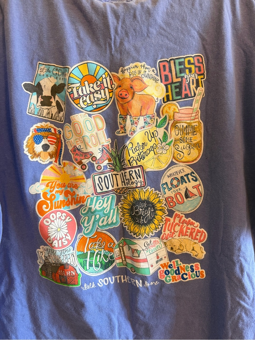 Women’s blue Southernology Graphic Tee with Colorful Southern Stickers 2XL